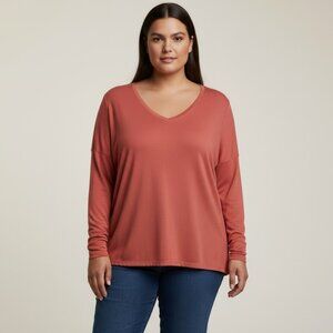 Eddie Bauer Coral Red Long Sleeve V-Neck Top XL Soft Lightweight Knit